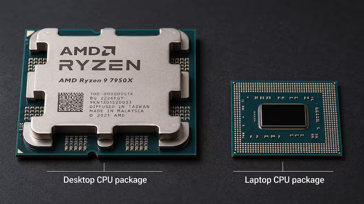 Desktop vs laptop CPU package size — side-by-side macro showing AM5 PGA vs laptop BGA package
