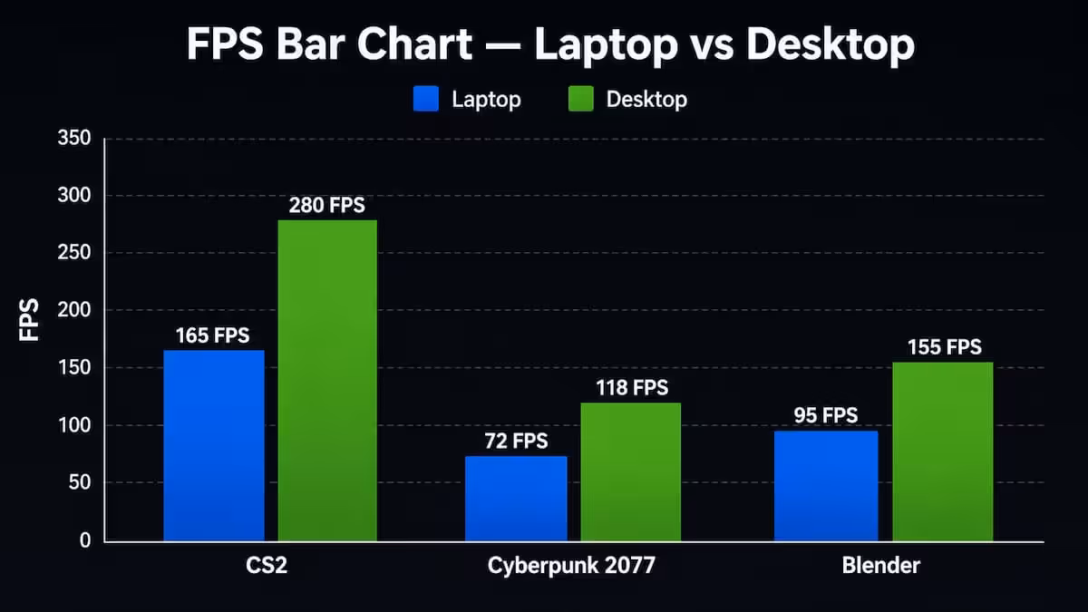 FPS bar chart — laptop vs desktop in CS2, Cyberpunk, Blender
