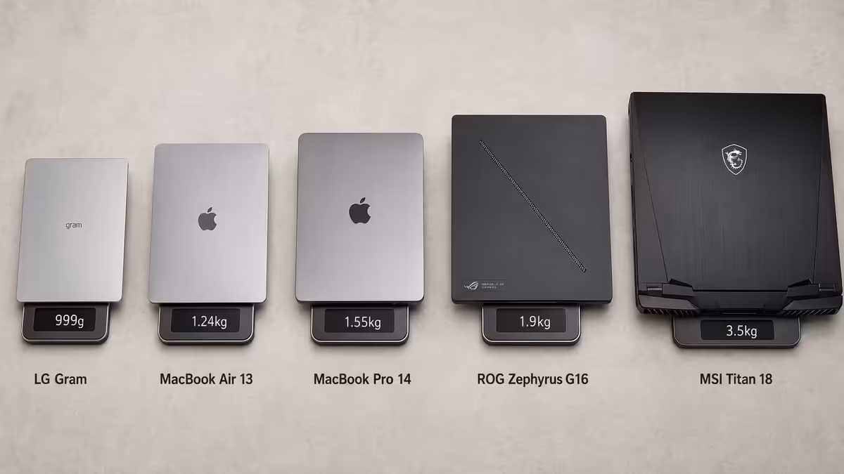 Five laptops side-by-side on weighing scale