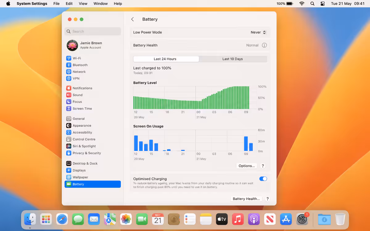 macOS Battery Health panel screenshot