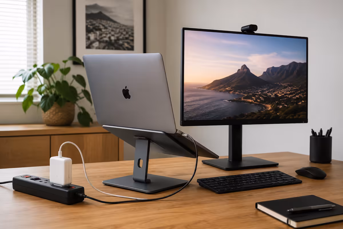 MacBook on a desk with USB-C cable plugged in