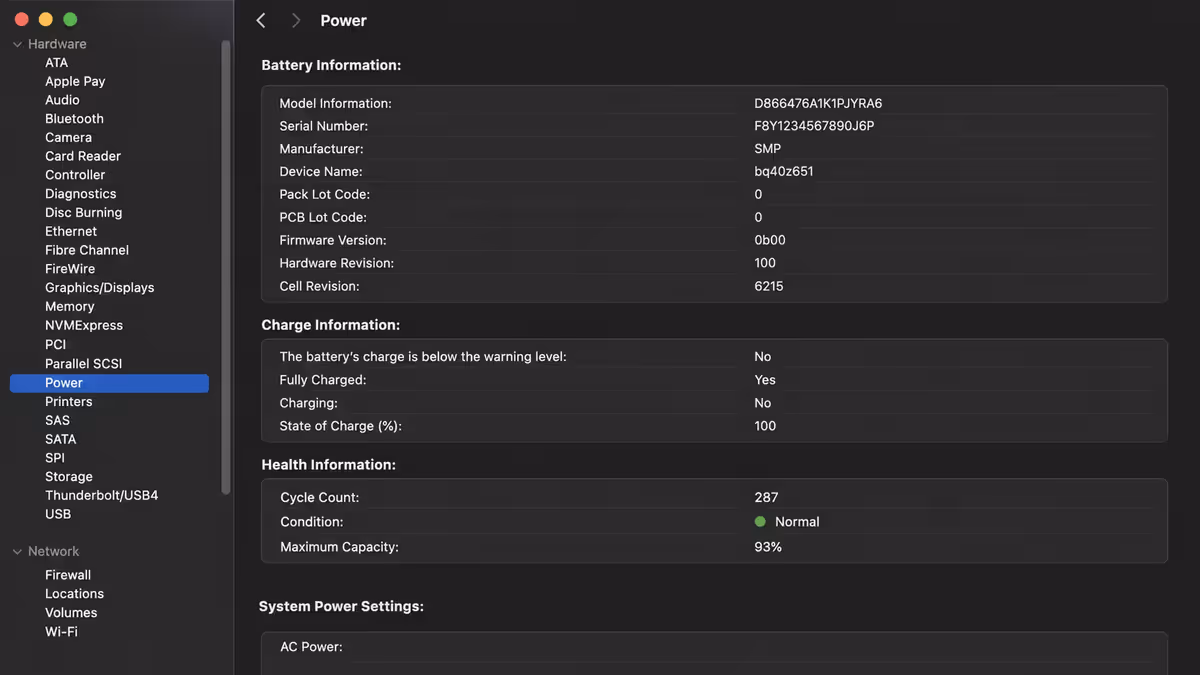 System Information → Power panel showing Cycle Count