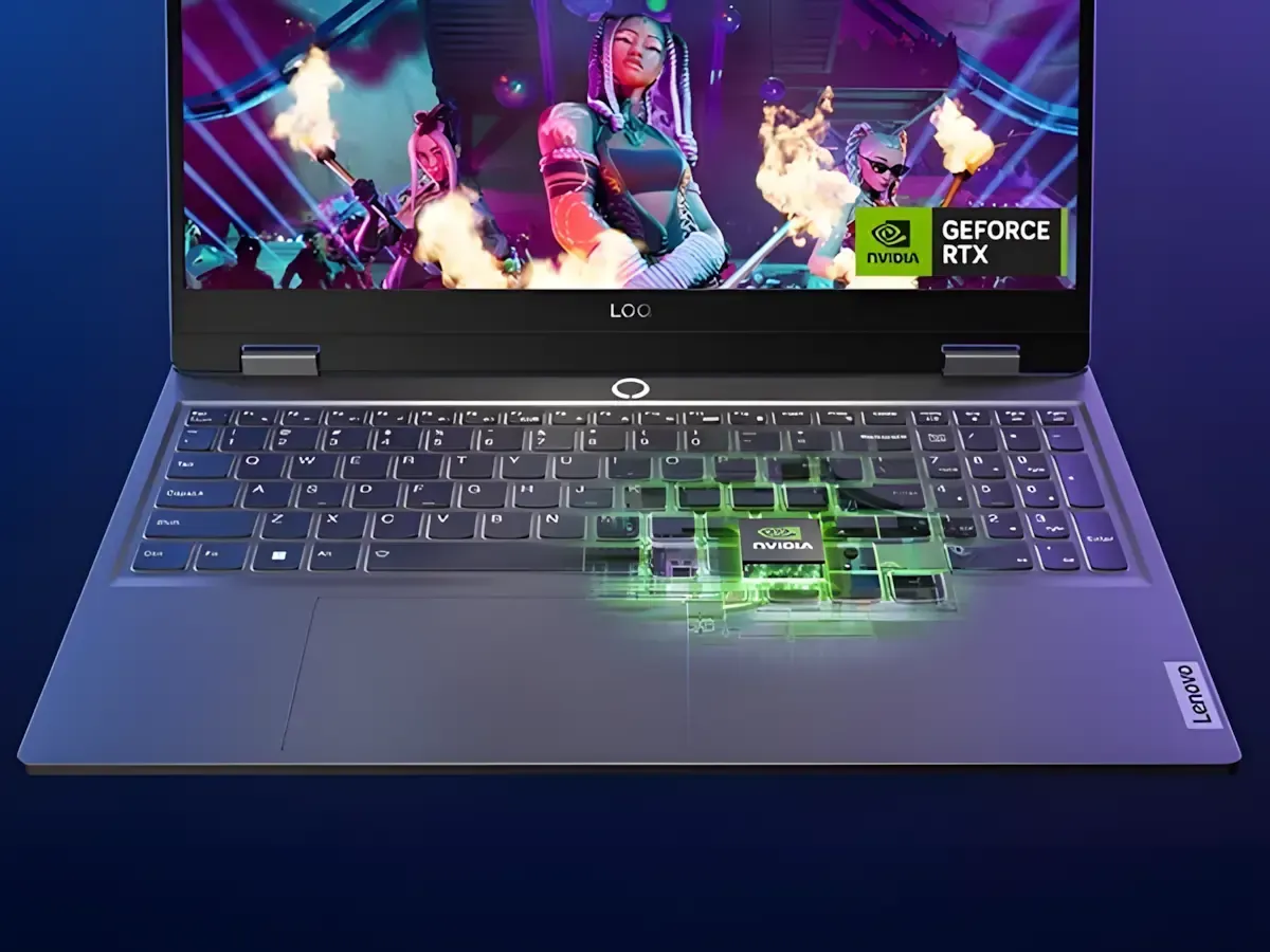 Lenovo LOQ 15IAX9 gaming laptop – front closeup of keyboard with x-ray view of NVIDIA GeForce RTX GPU inside