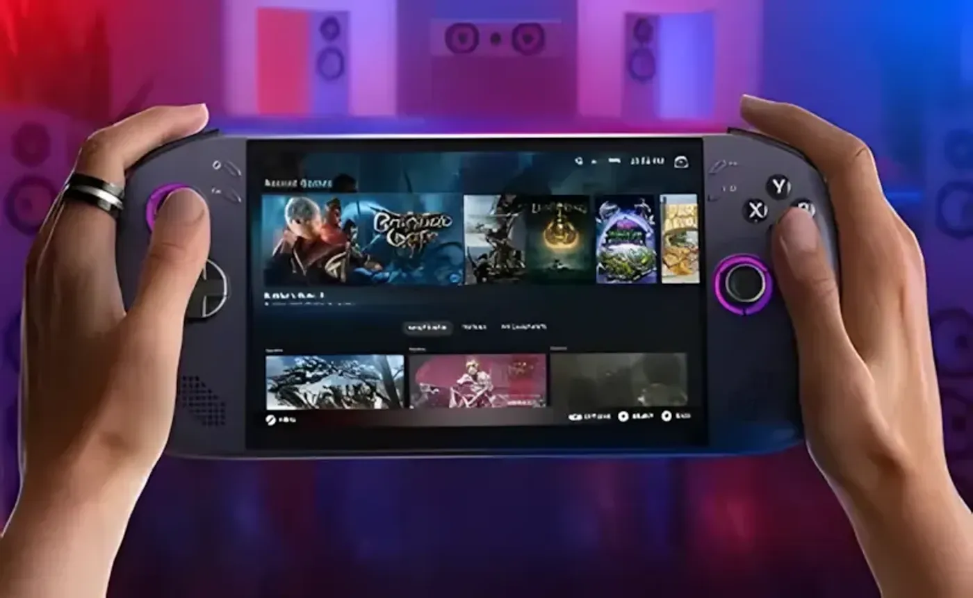 Close-up image of the 8-inch WUXGA PureSight handheld gaming display with a 16:10 aspect ratio