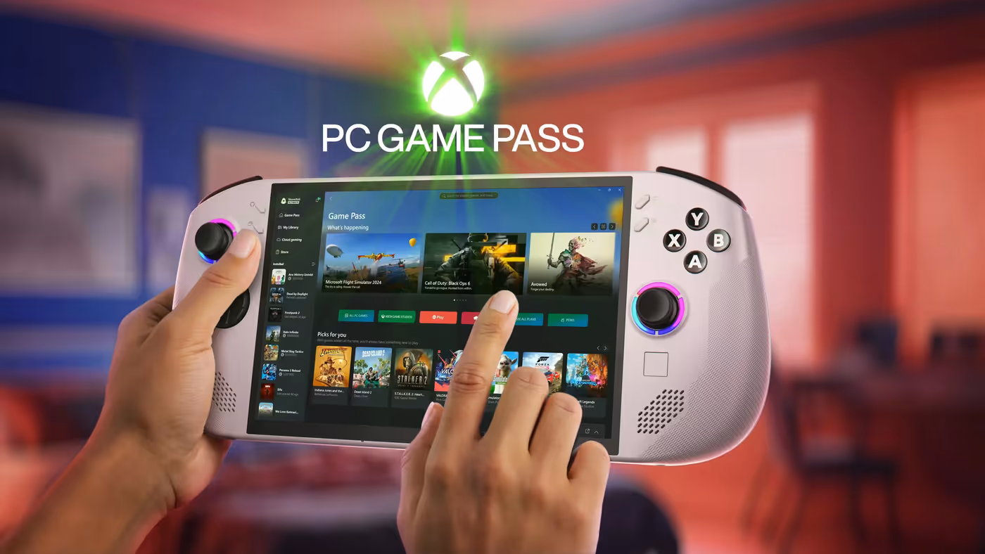Hands holding Lenovo Legion Go S Gen 1 (8") gaming handheld displaying Xbox Game Pass library in a cozy room.