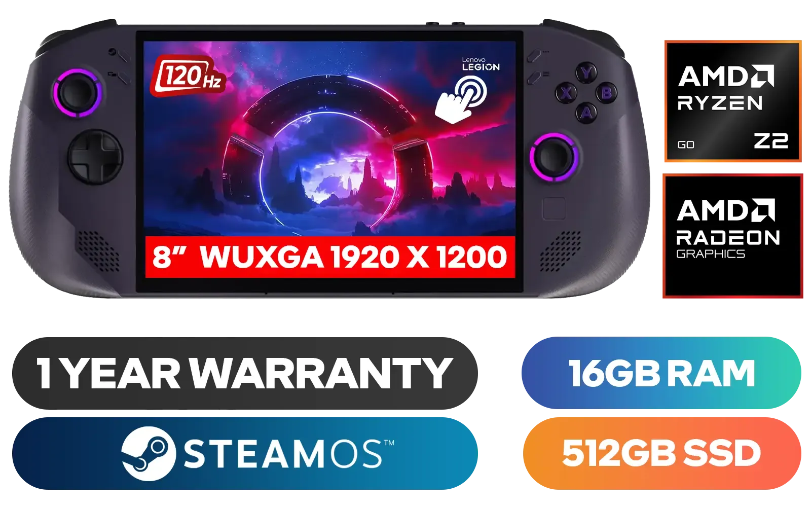 Lenovo Legion Go S 8ARP1 Handheld Touchscreen Gaming Console - Black / AMD Ryzen™ Z2 Go / 16GB LPDDR5X RAM / 512B NVMe SSD / 8.8" WUXGA (1920 x 1200), Touch Screen, 100% sRGB(Typical), 500nits(Typical), IPS-Level Display/ Integrated AMD Radeon™ Graphics / 2x USB Type-C support (DisplayPort™ 1.4 / Power Delivery 3.0) / 1 x Card Reader / 1 x Headphone and Microphone combo jack / AMD Wi-Fi® 6E RZ616 Wireless / Bluetooth 5.3 / SteamOS / 2 Stereo Speakers / 4-Cell, Li-ion, 55.5Whr Battery / 1 Year Warranty / 83L3004VSA