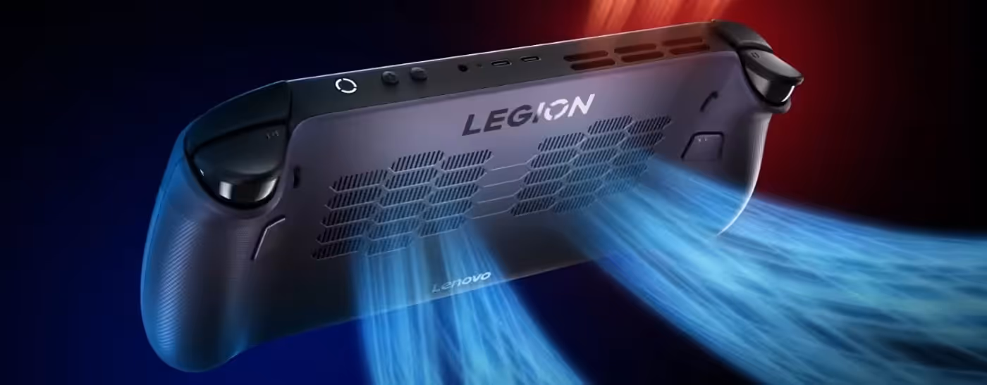 Angled view of Lenovo Legion Go S Gen 1 (8") handheld gaming handheld displaying a sci-fi game scene.