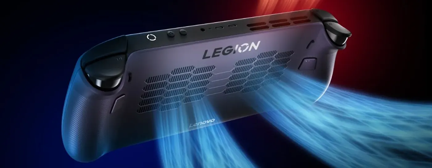 Angled view of Lenovo Legion Go S Gen 1 (8") handheld gaming handheld displaying a sci-fi game scene.