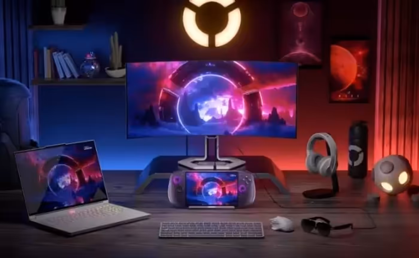 Hands using a Legion Go S on a table in a bar playing a Monster game