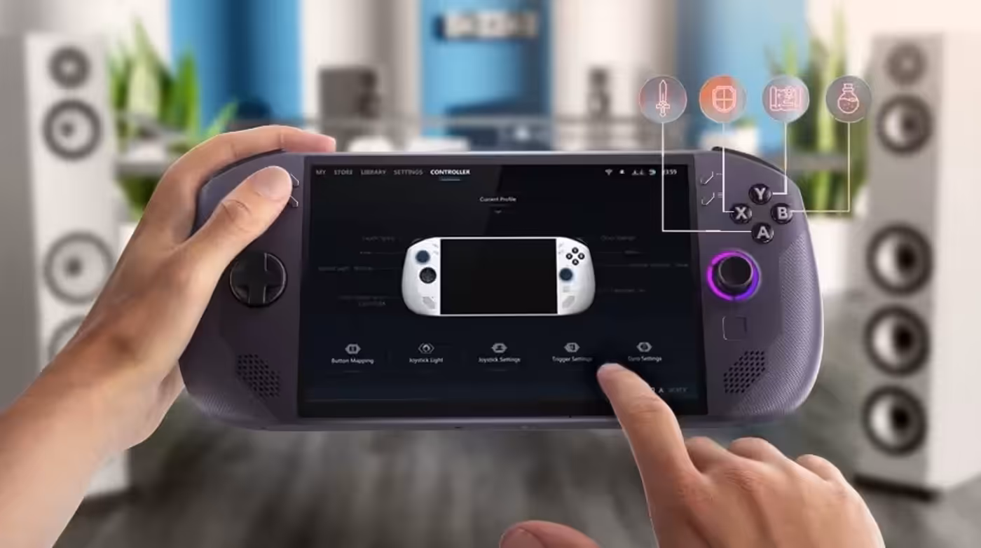 Person holding Lenovo Legion Go S Gen 1 (8") gaming handheld with controller settings and in-game icons displayed.