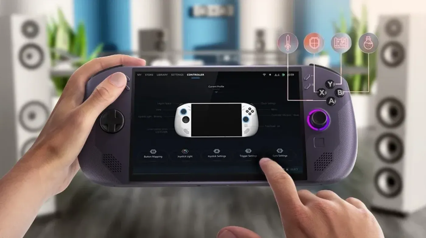 Person holding Lenovo Legion Go S Gen 1 (8") gaming handheld with controller settings and in-game icons displayed.