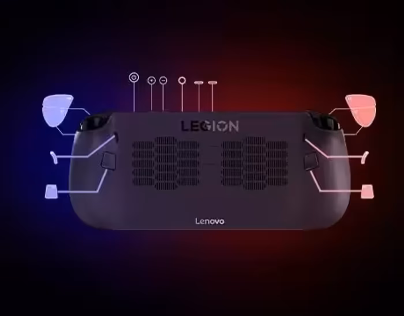 Lenovo Legion Go S Gen 1 (8") gaming handheld with labeled controls and button mapping icons on a dark background.