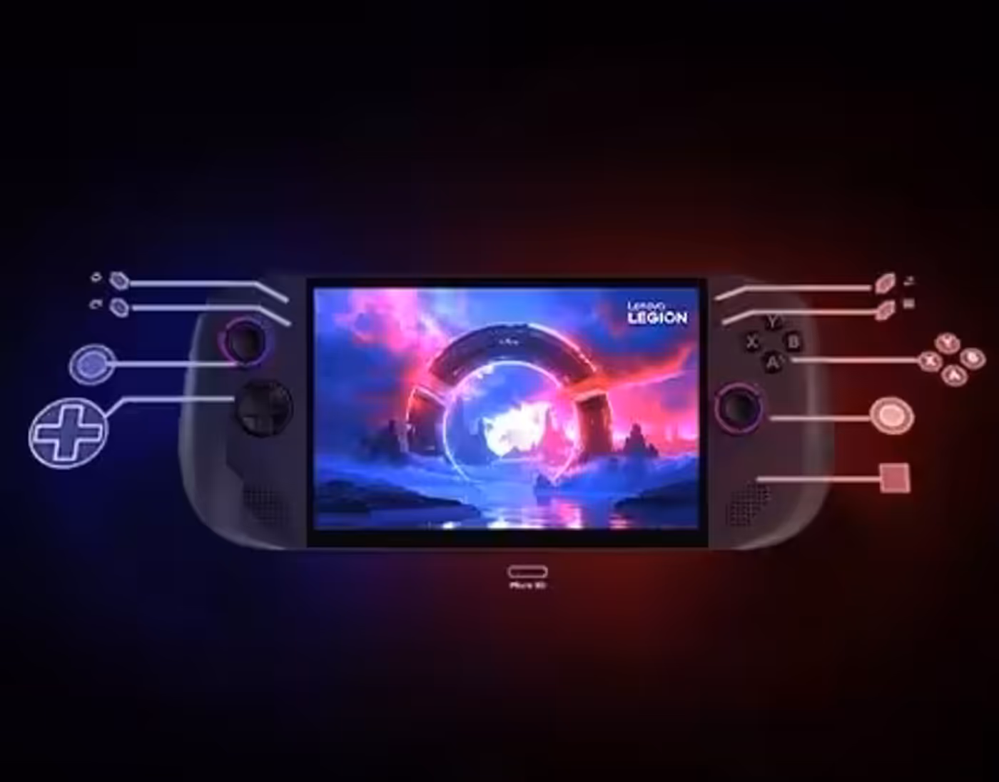 Rear view of Lenovo Legion Go S Gen 1 (8") with labeled triggers, cooling vents, and connectivity ports on a dark background.