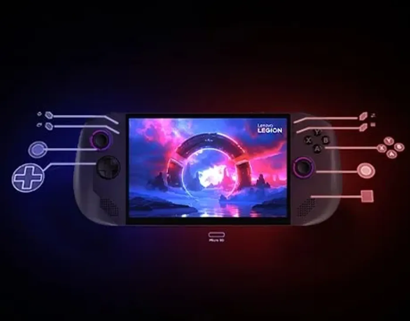 Rear view of Lenovo Legion Go S Gen 1 (8") with labeled triggers, cooling vents, and connectivity ports on a dark background.