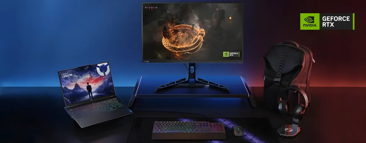 Full Legion gaming battle station with Legion Pro 5i Gen 9, Legion gaming keyboard, Legion monitor, Legion gaming mouse, Legion headset, and Legion backpack. All items sold separately.
