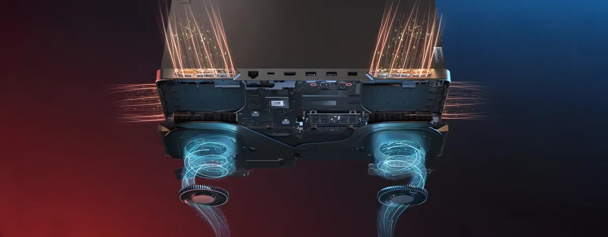 Legion Pro 5i Gen 9 with an exploded view of the Legion ColdFront cooling system