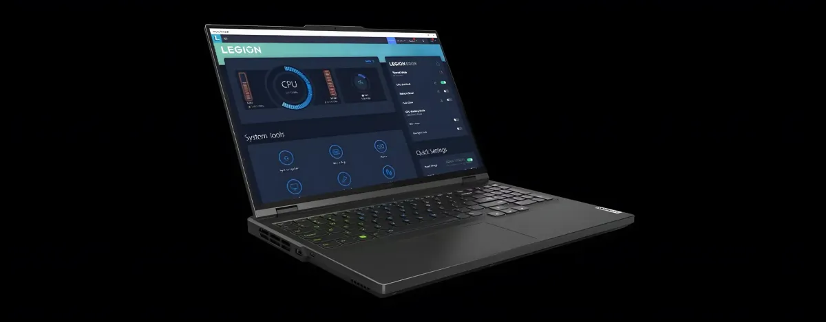 Legion Pro 5i Gen 9 front facing right with the Lenovo Vantage UI on screen