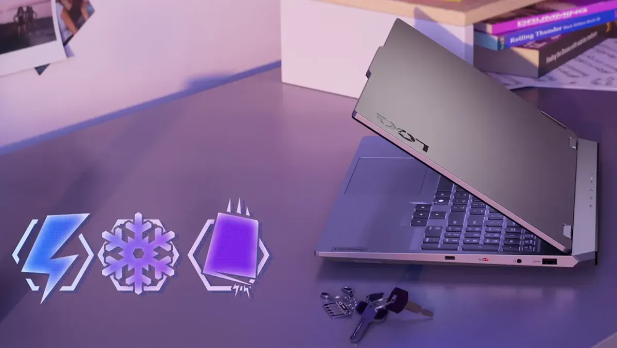 Lenovo LOQ in Luna Grey showing webcam and durable chassis