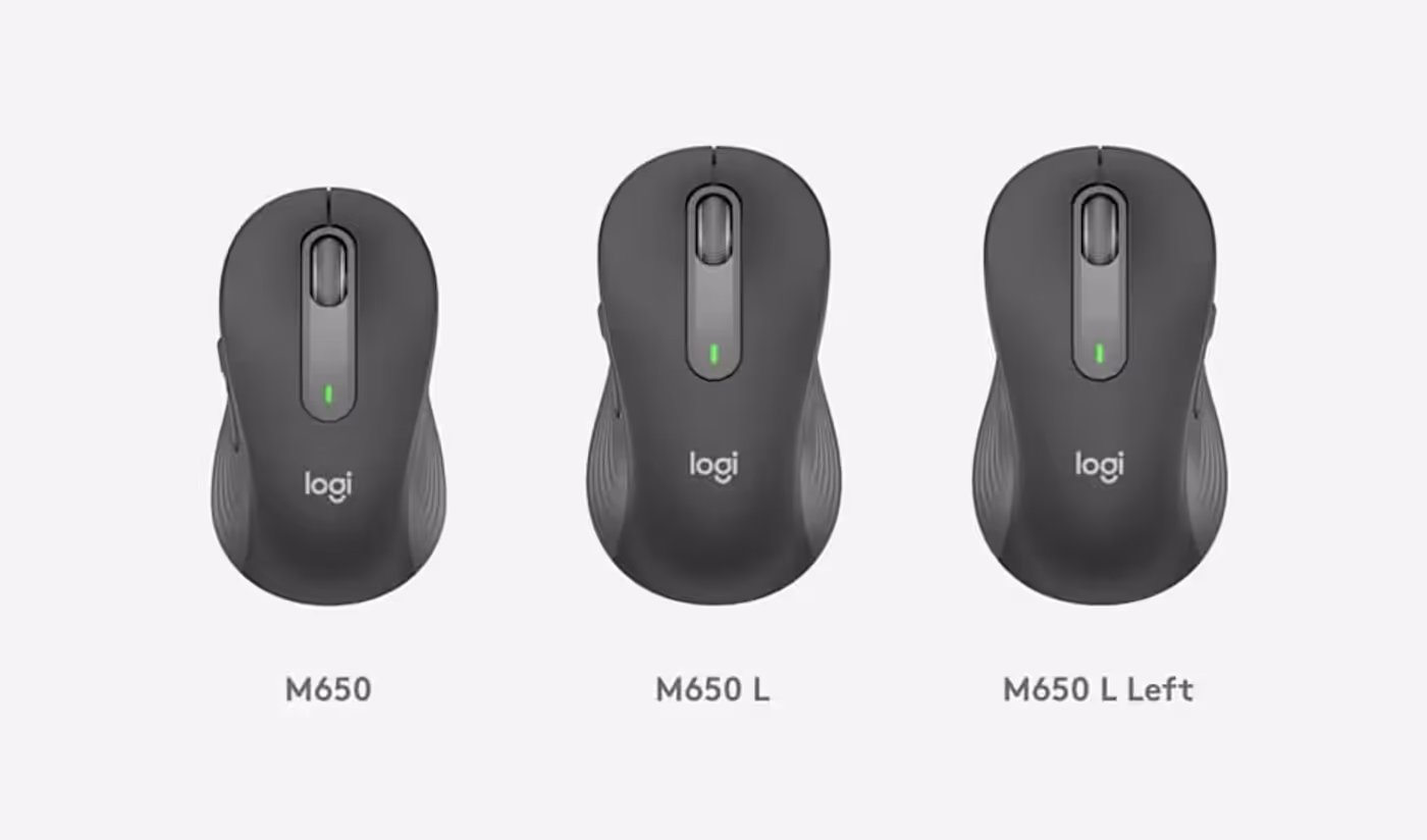 Signature M650 mouse sizing options designed to fit different hands