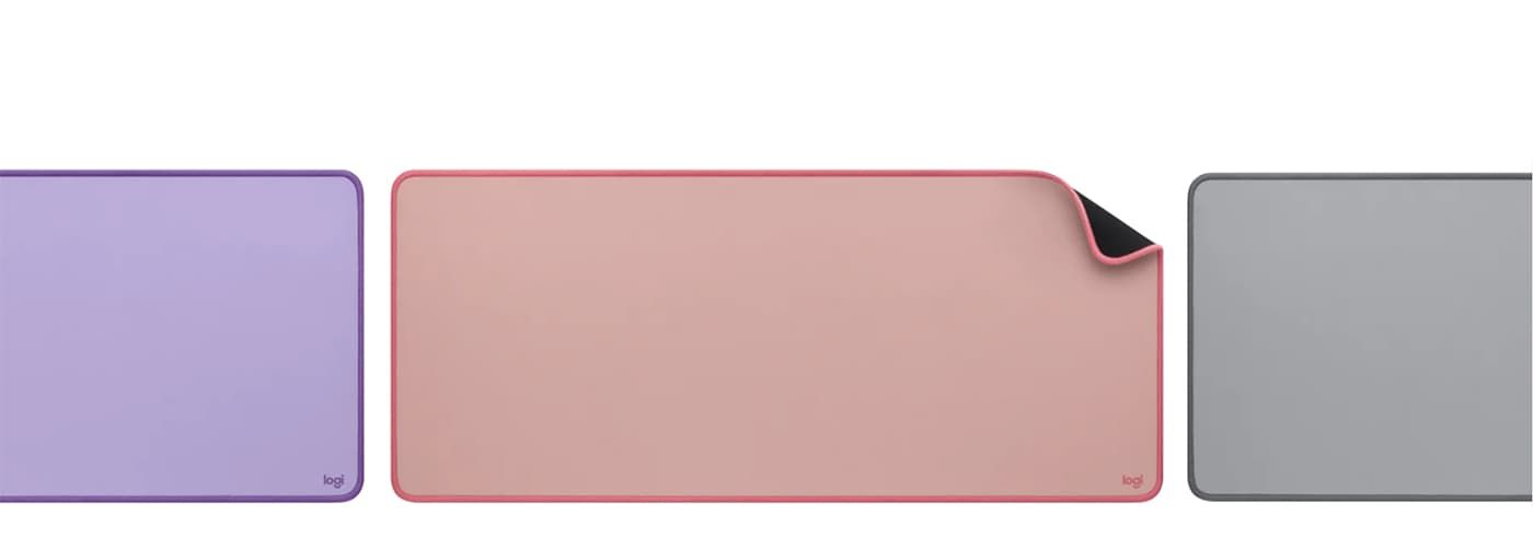 Logitech Studio Series Desk Mat in Darker Rose on a styled desk