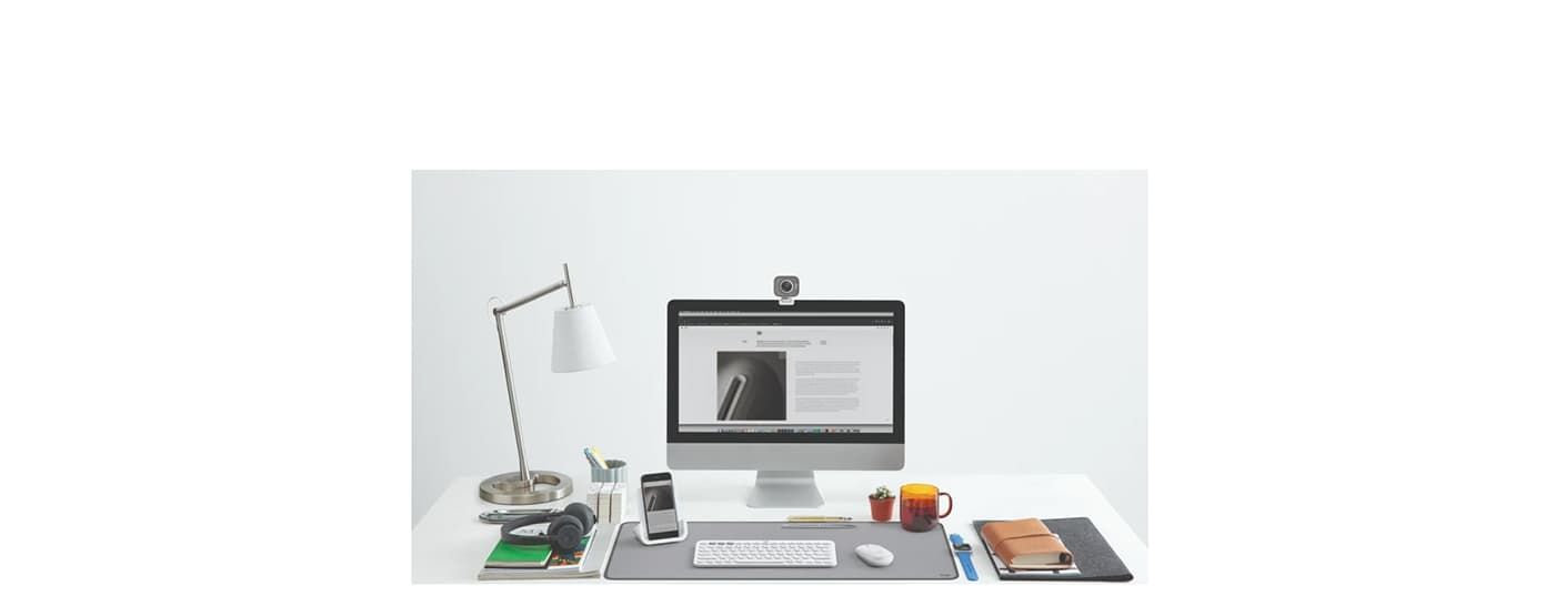 Full workspace laid out on the Logitech Studio Series Desk Mat