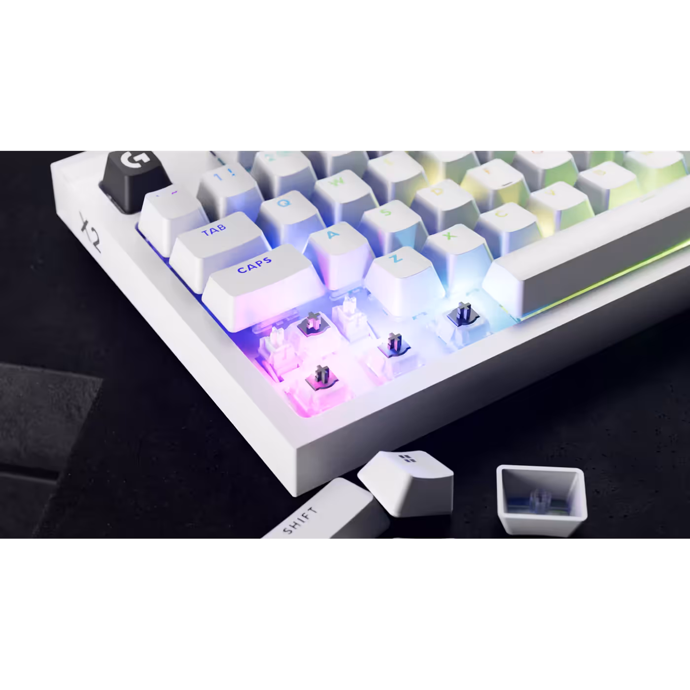 PRO X2 RAPID in white with keycaps removed to show the switches
