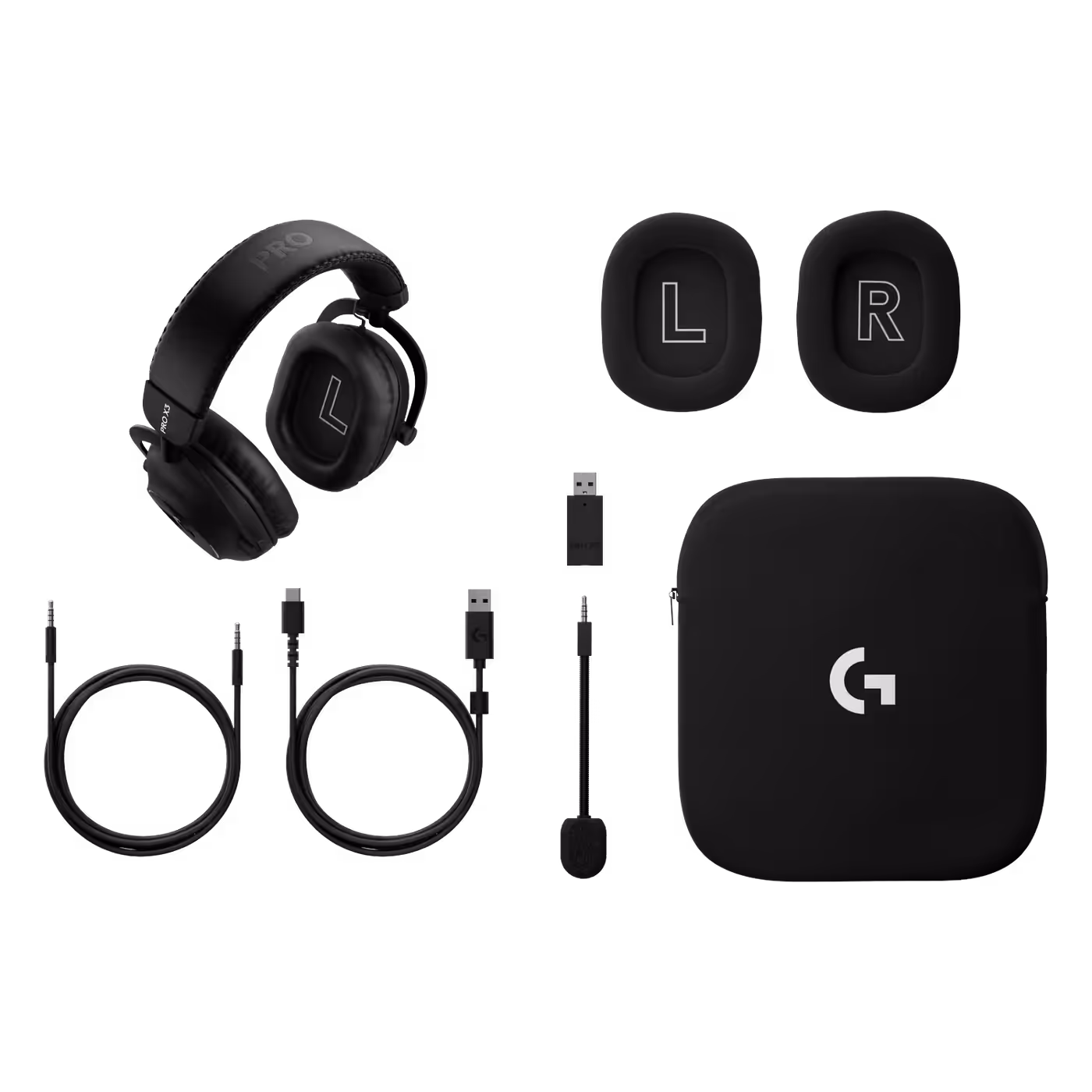 PRO X3 LIGHTSPEED with its adapter, cables, mic, spare ear pads and bag