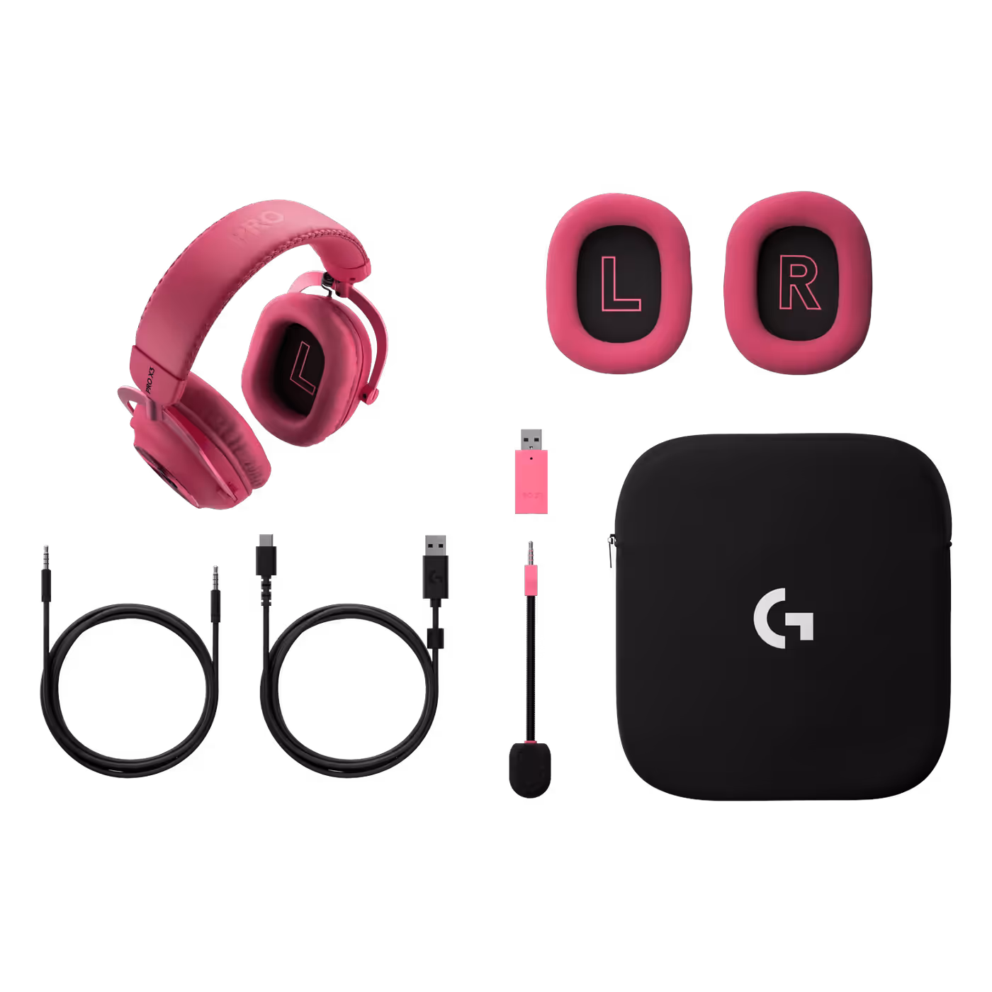 PRO X3 LIGHTSPEED with its adapter, cables, mic, spare ear pads and bag