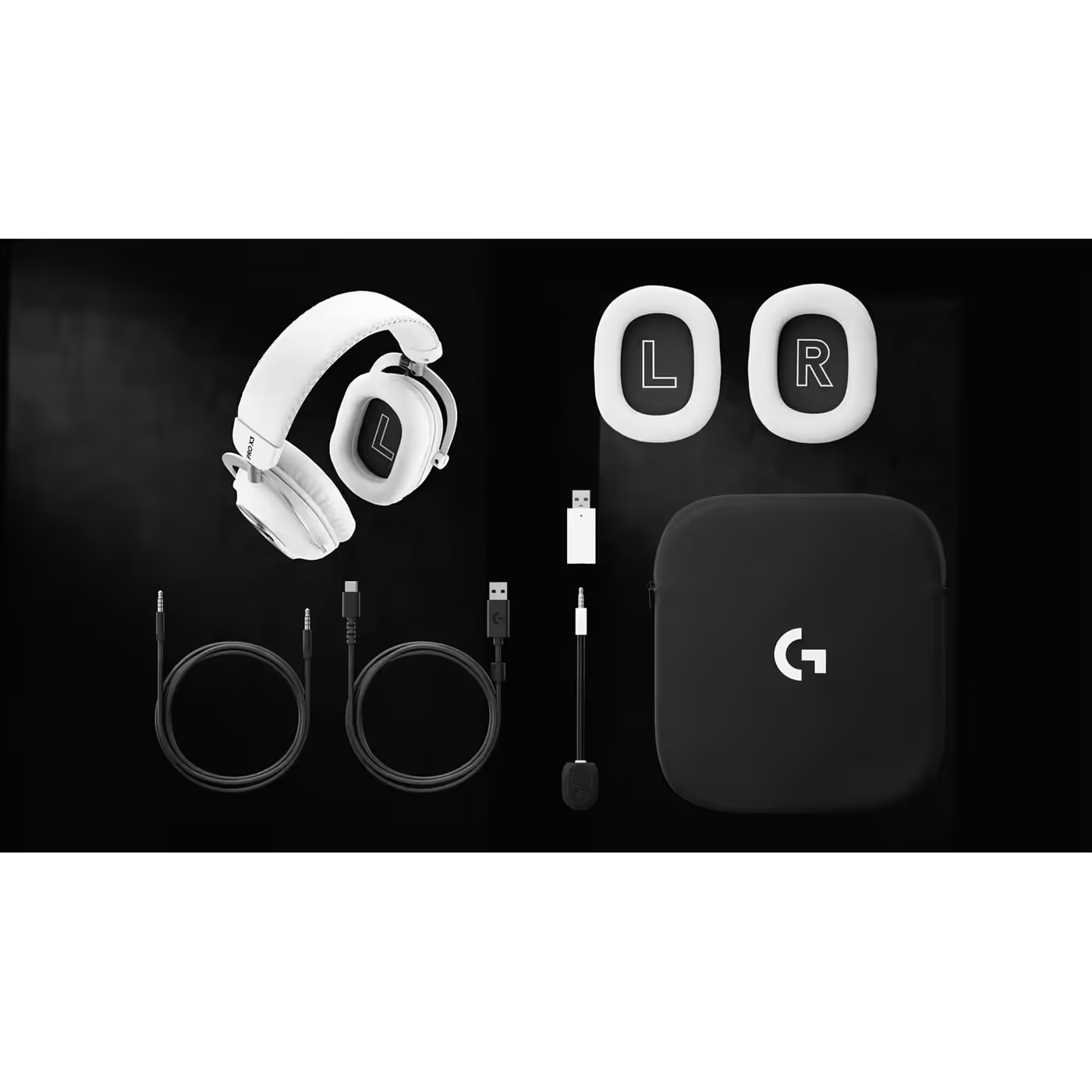 PRO X3 LIGHTSPEED with its adapter, cables, mic, spare ear pads and bag