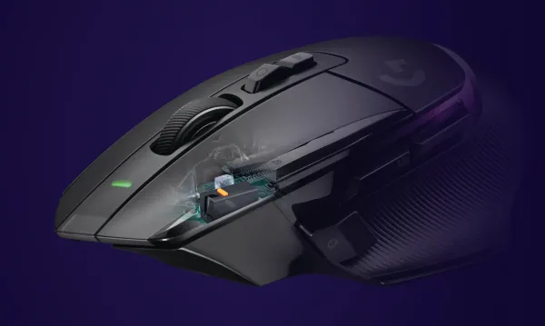 Close-up of LIGHTFORCE hybrid optical-mechanical switches on the gaming mouse