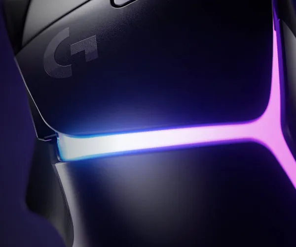 Logitech gaming mouse showcasing dynamic LIGHTSYNC RGB full-spectrum illumination