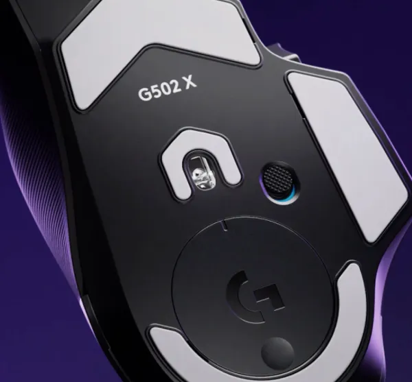 Bottom view of the gaming mouse highlighting the advanced HERO 25K optical sensor