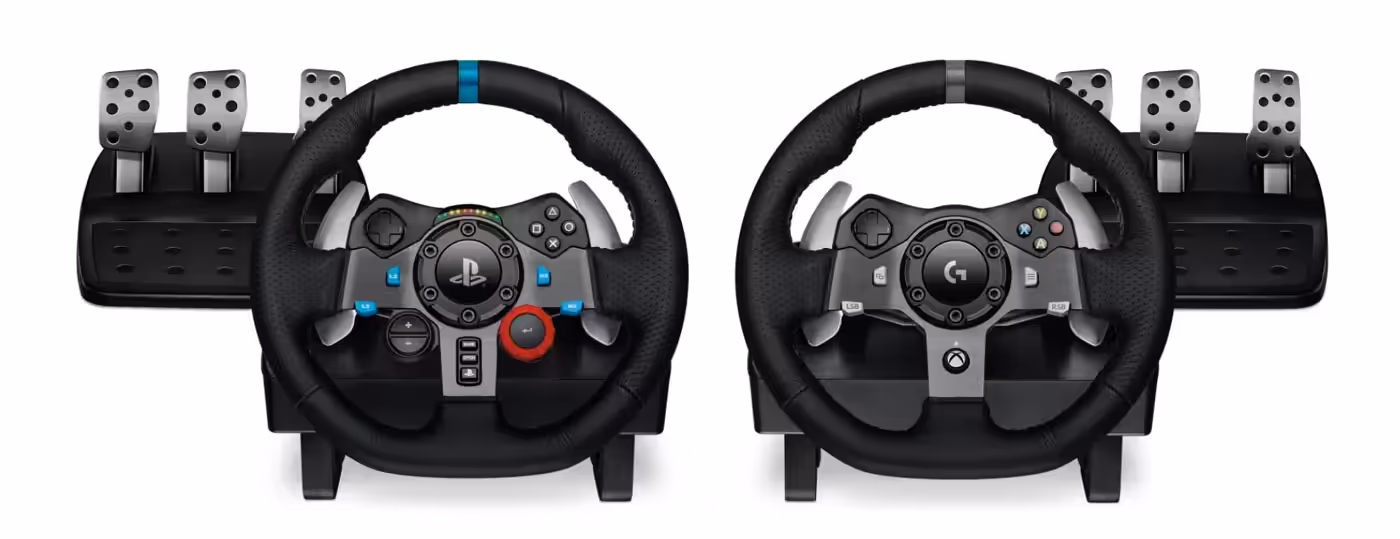 Close view of the G29 wheel face showing the on-wheel game controls