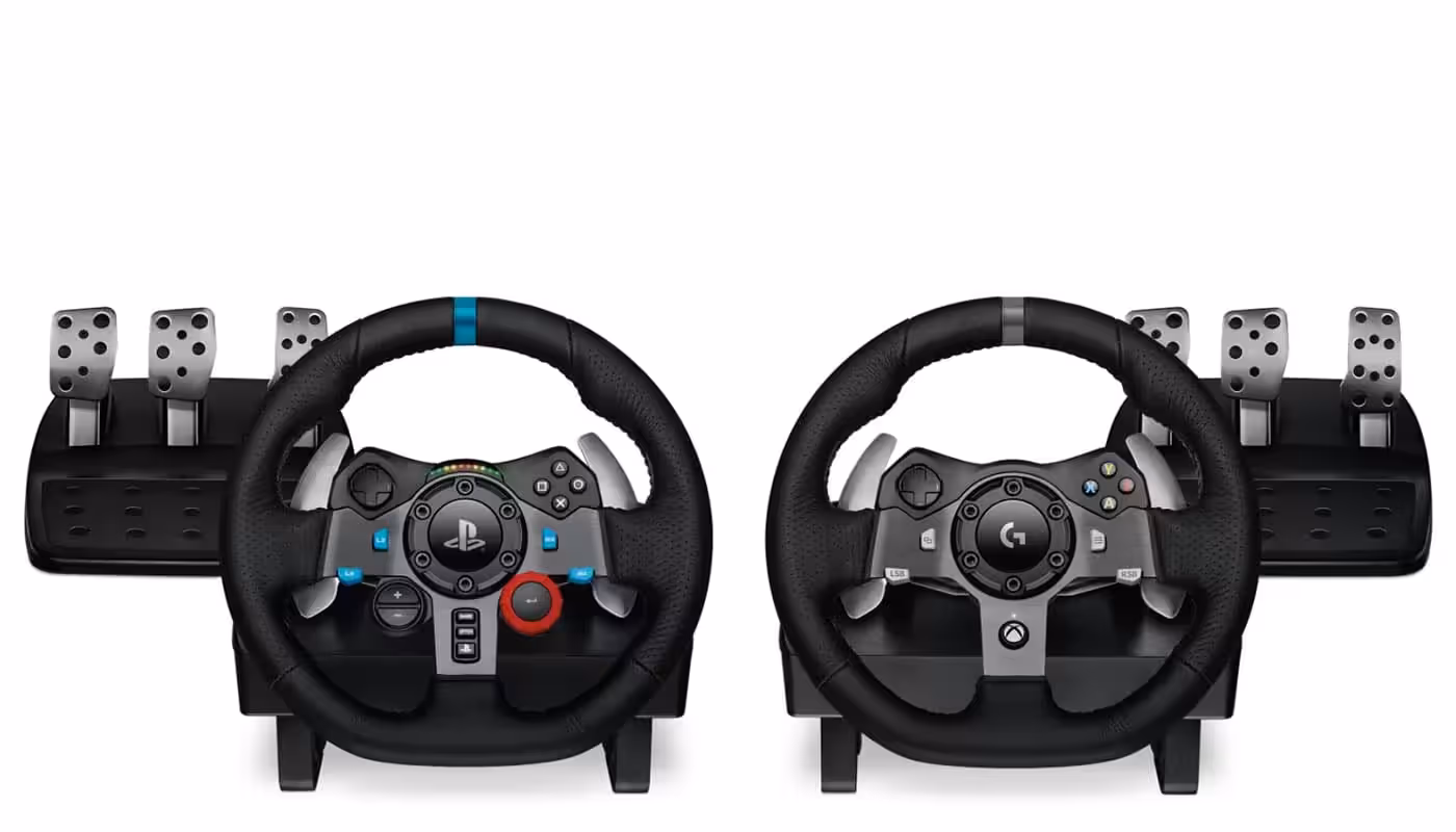 Logitech G920 Driving Force racing wheel and pedal set shown together