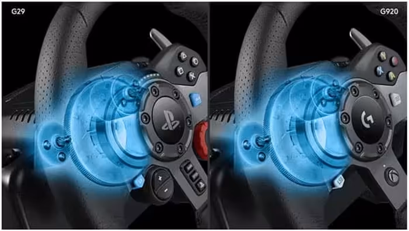 Logitech G920 racing wheel showing its force feedback wheel base