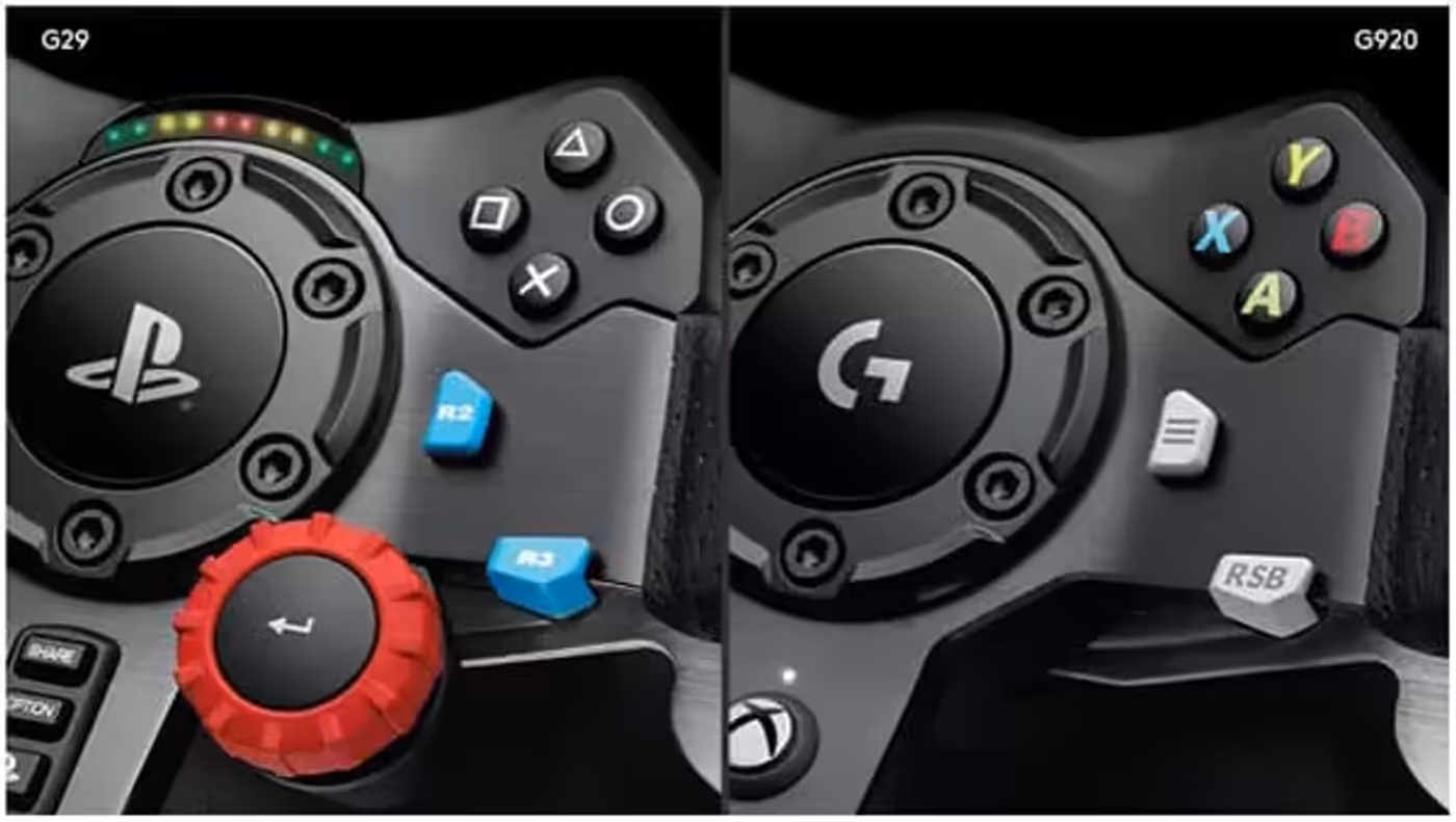 Wheel-mounted controls and LED shift indicators on the Logitech G920