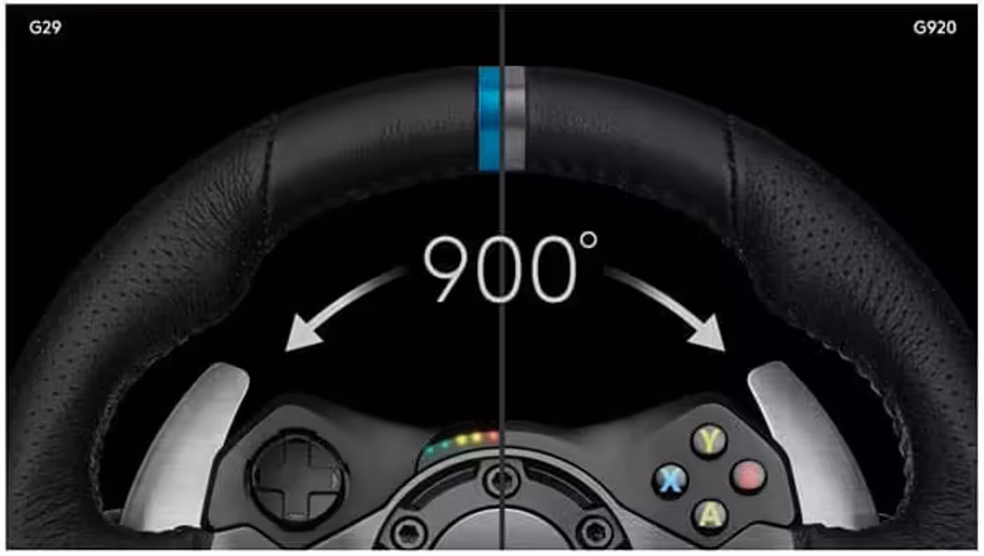 Logitech G920 wheel turned to illustrate its 900 degree rotation range