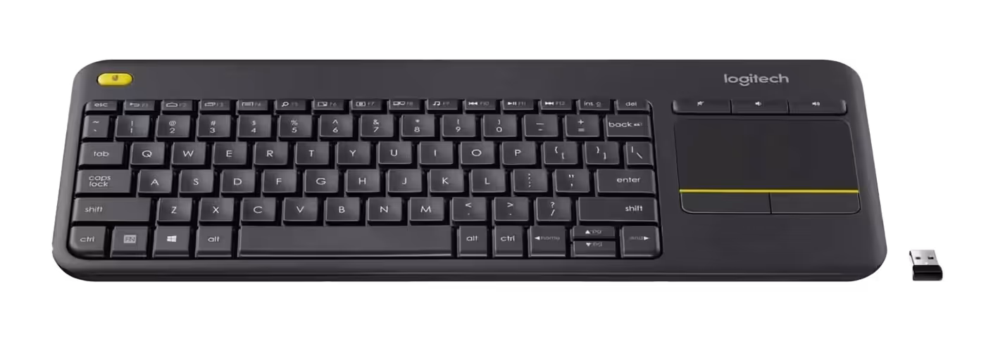 Logitech K400 PLUS wireless touch keyboard viewed from above showing the integrated touchpad