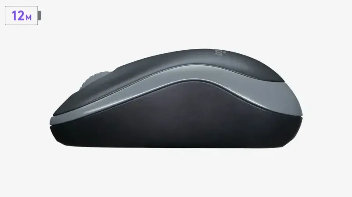 Underside of the Logitech M185 showing the on/off switch and battery compartment
