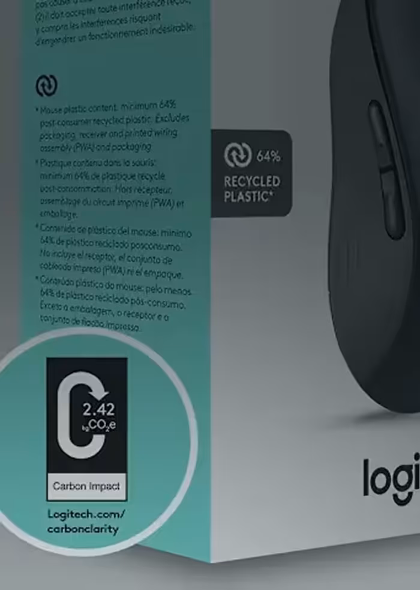 Logitech M185 packaging showing the carbon impact label on the box