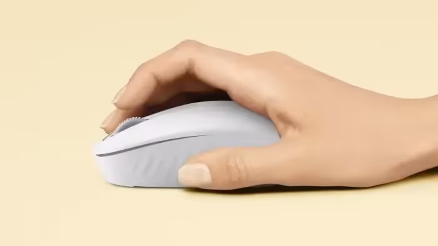 Logitech M196 mouse shown from above to reveal its symmetrical body
