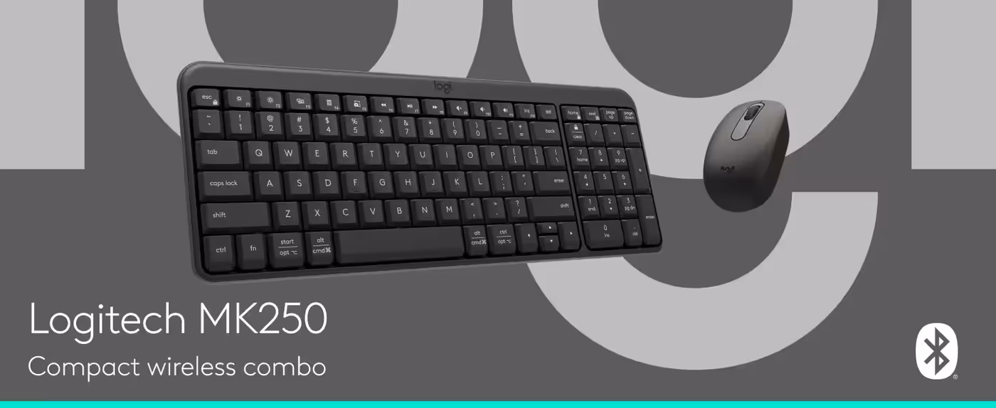 The Logitech MK250 wireless mouse shown beside its matching keyboard