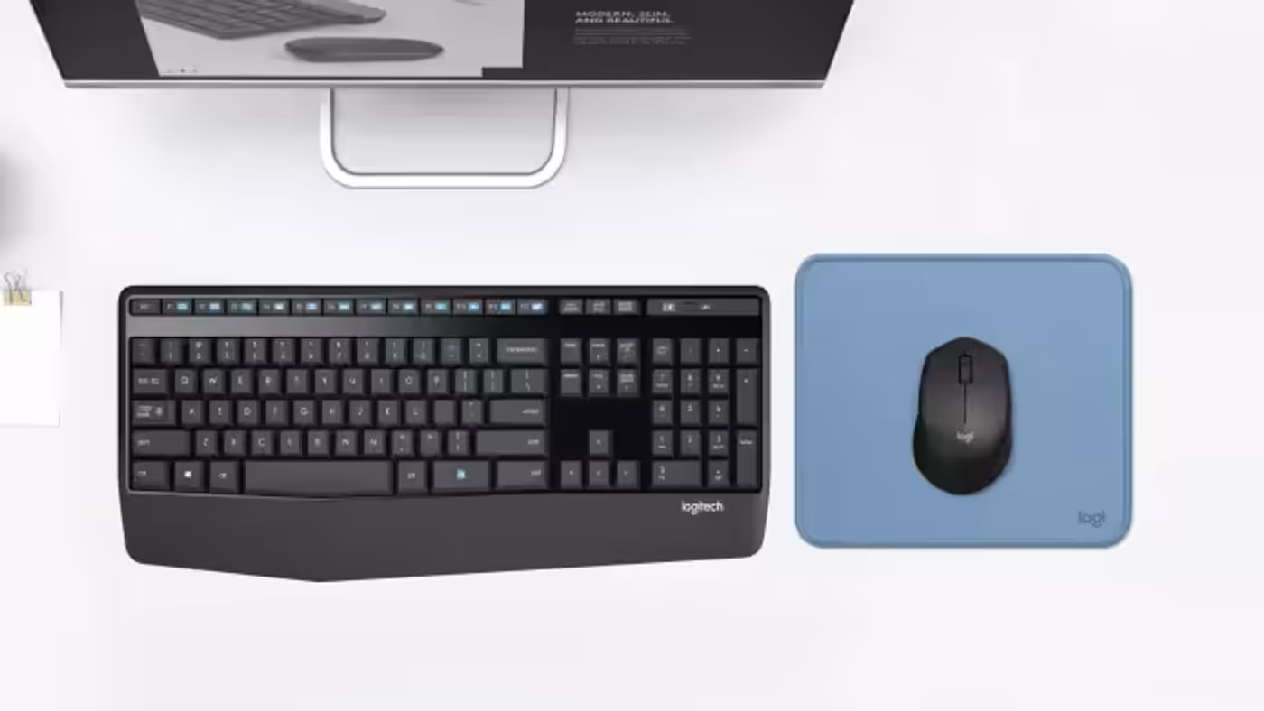 Logitech MK345 wireless combo presented as a complete desk setup