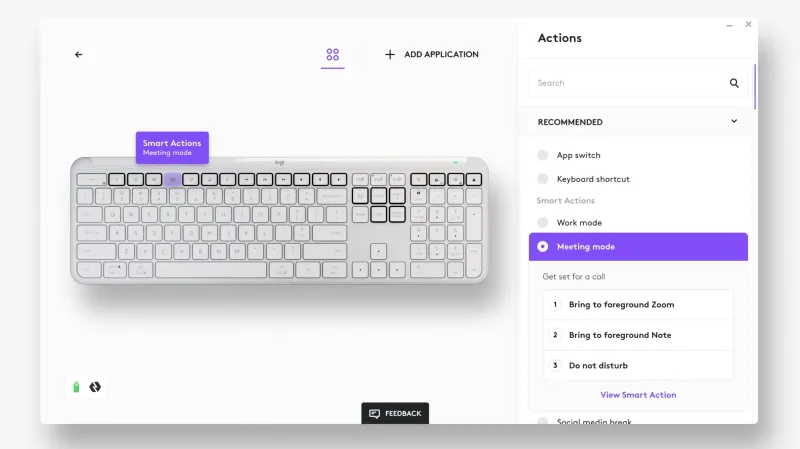 Logitech Smart Actions interface for fast task switching and automation