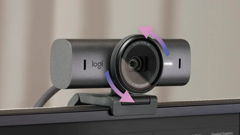 Webcam featuring the built-in rotating privacy shutter fully closed
