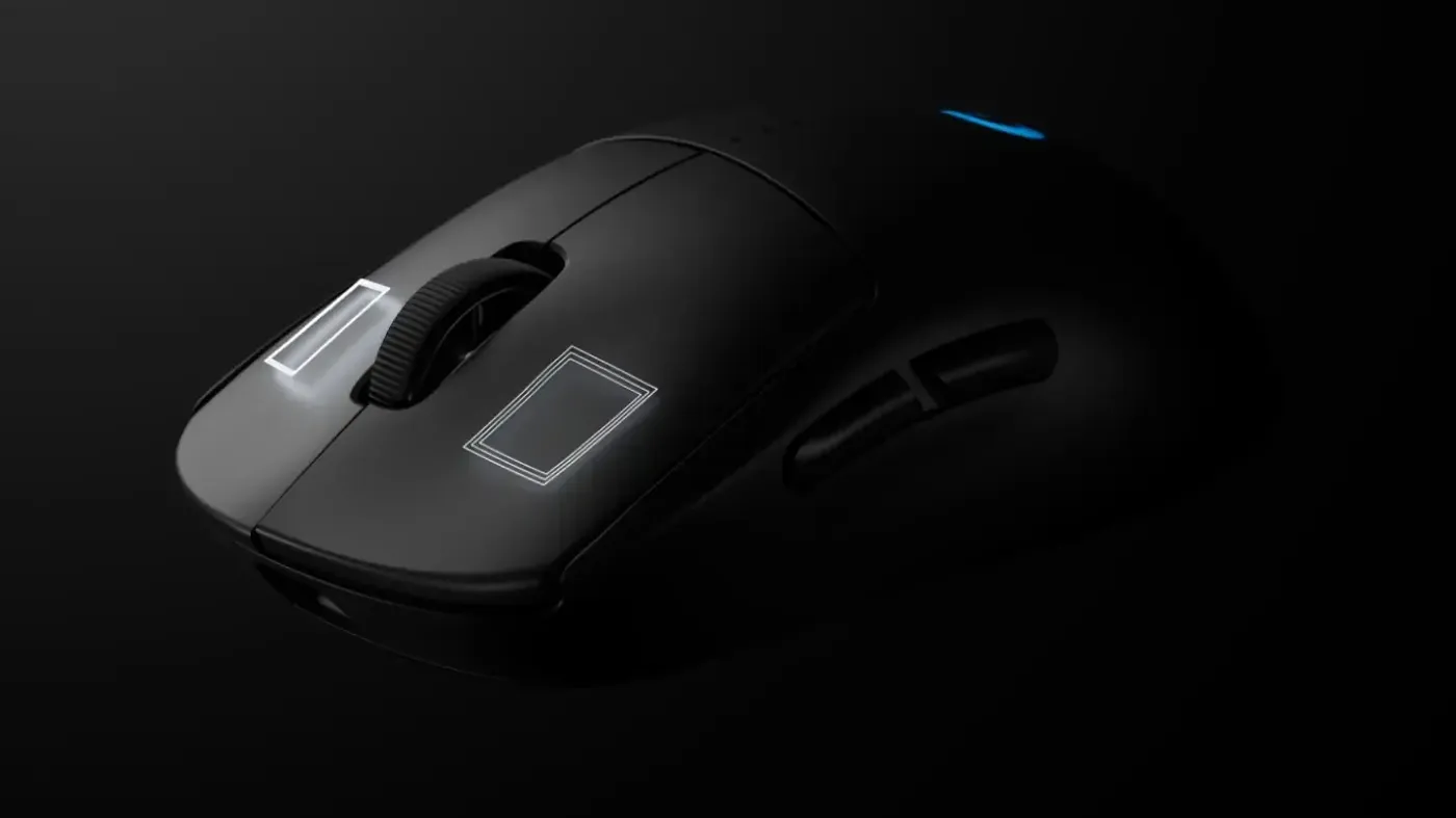 LIGHTFORCE hybrid optical and mechanical switch detail on the Logitech G PRO 2 LIGHTSPEED gaming mouse