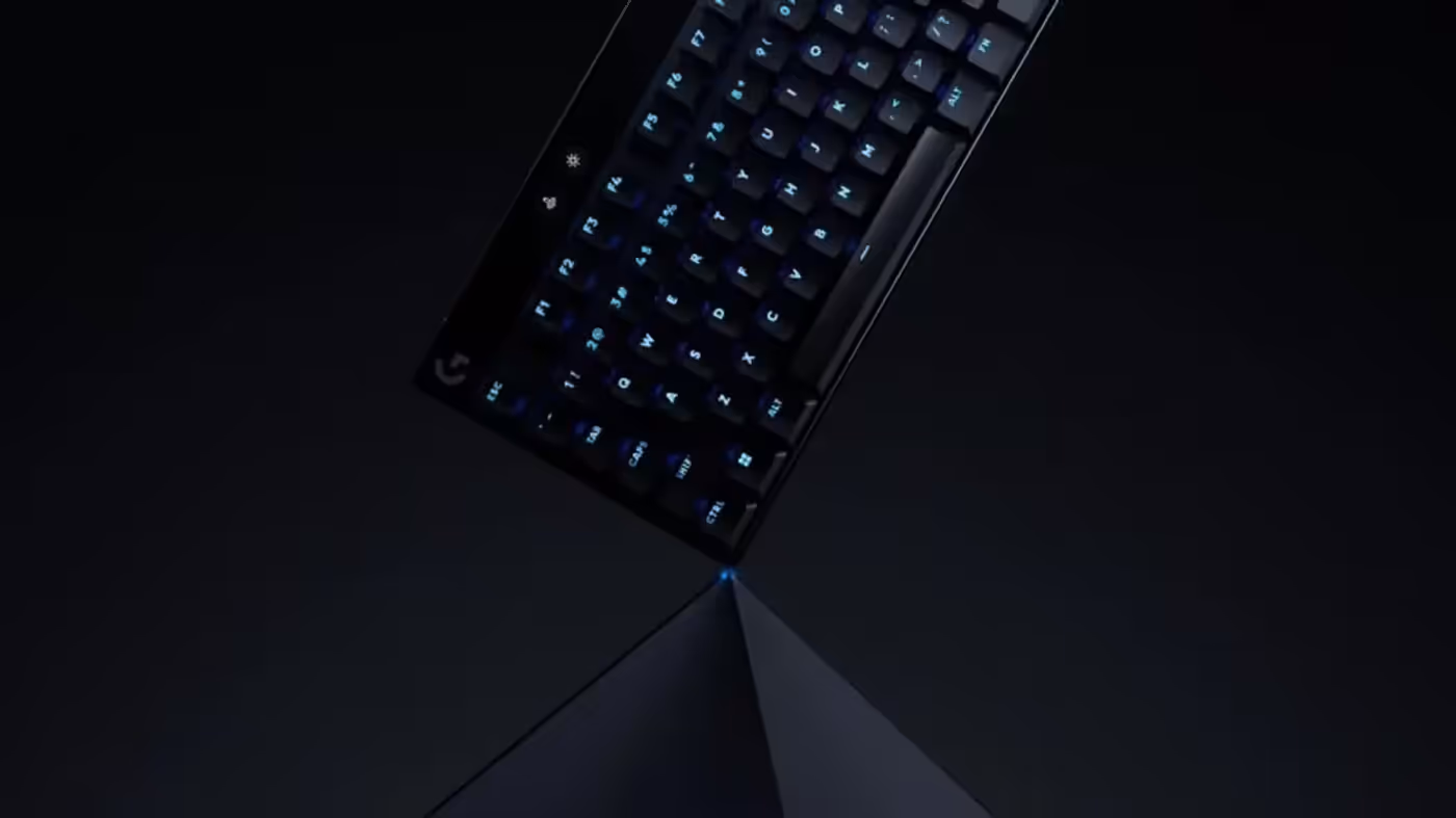Logitech PRO X TKL RAPID gaming keyboard in black shown from the front on a desk