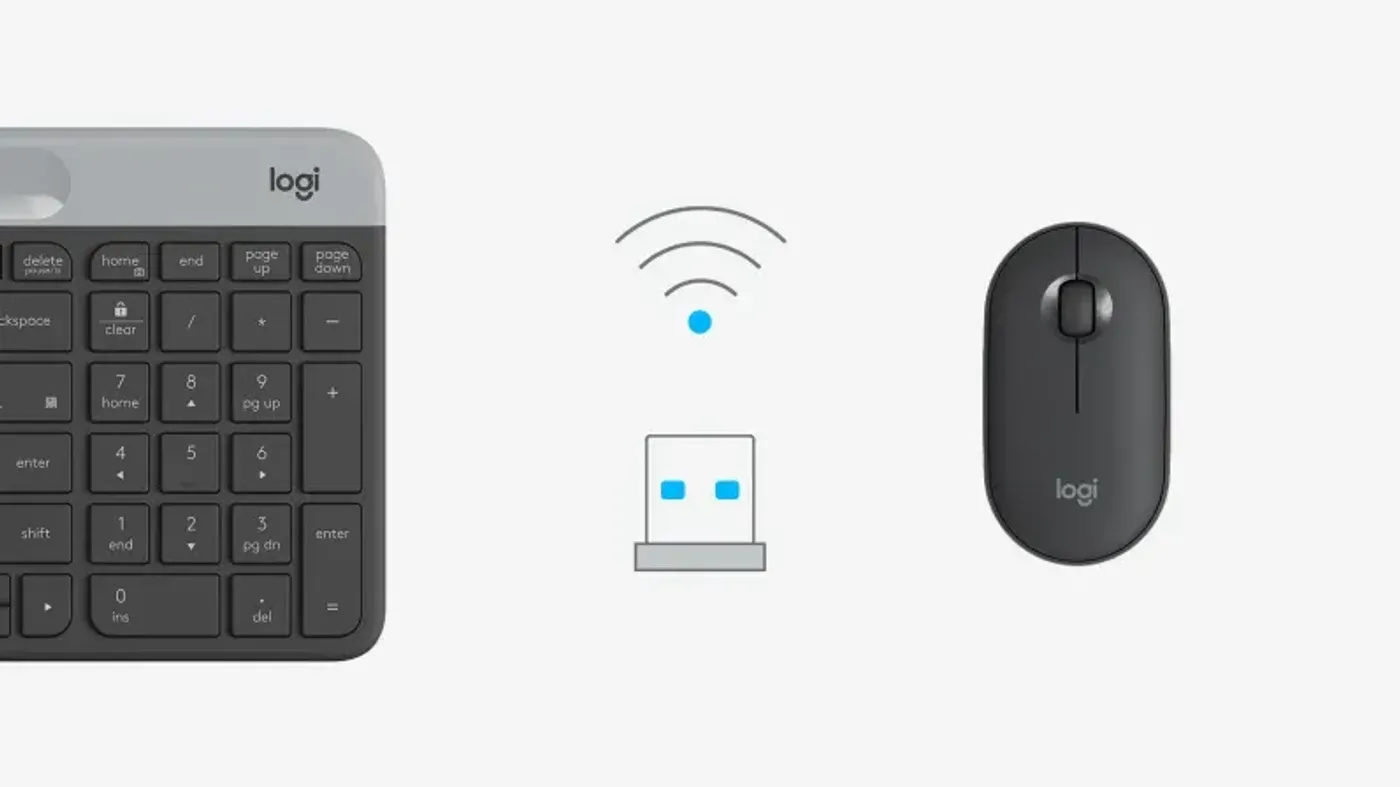 Stand-alone Logitech Unifying receiver held up to show the Unifying logo