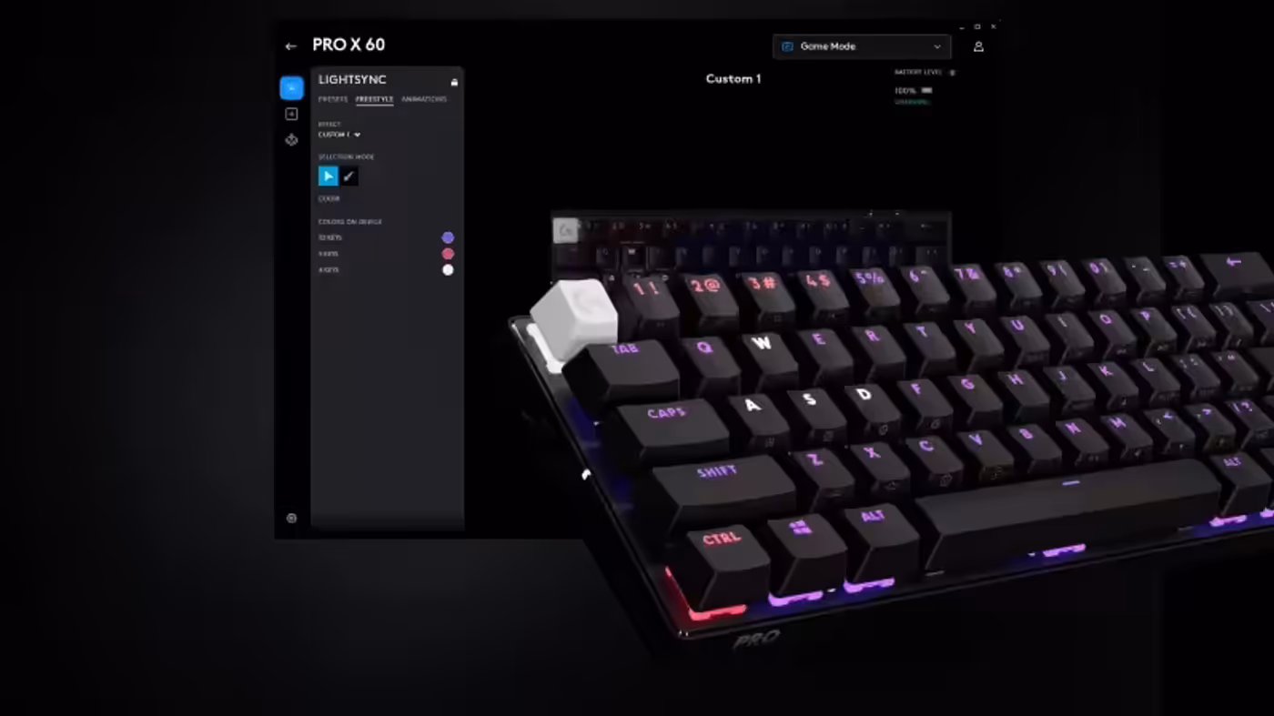 Customizable LIGHTSYNC RGB lighting effects on a gaming keyboard