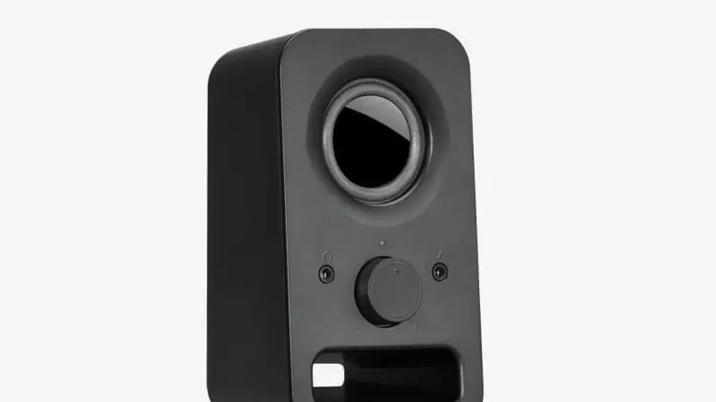 Side profile of Logitech Z150 showing integrated volume and power controls